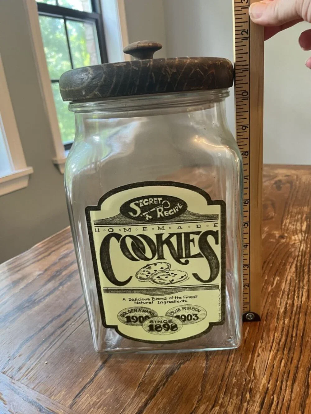 Vintage Glass Cookie Jar Rustic Counter Display 1984 SJL Products Wooden Lid